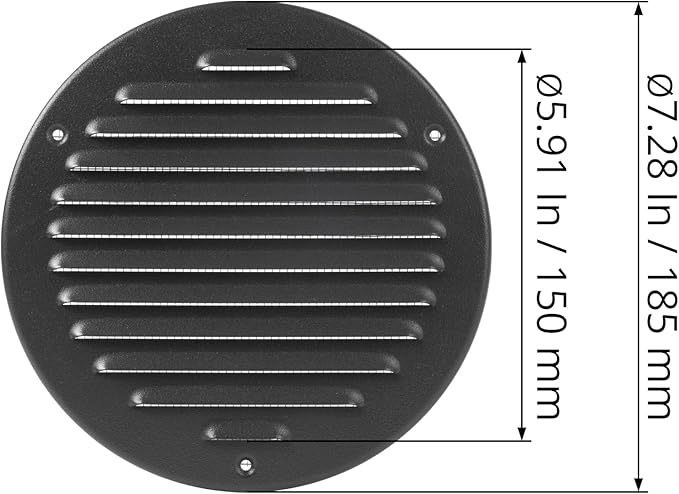 Round Ventilation Grille / 6'' Inch Inside Measurement/Black Metal Air Vent Louver - Inside/Outside use - / 7.25" Inch Outer Measurement
