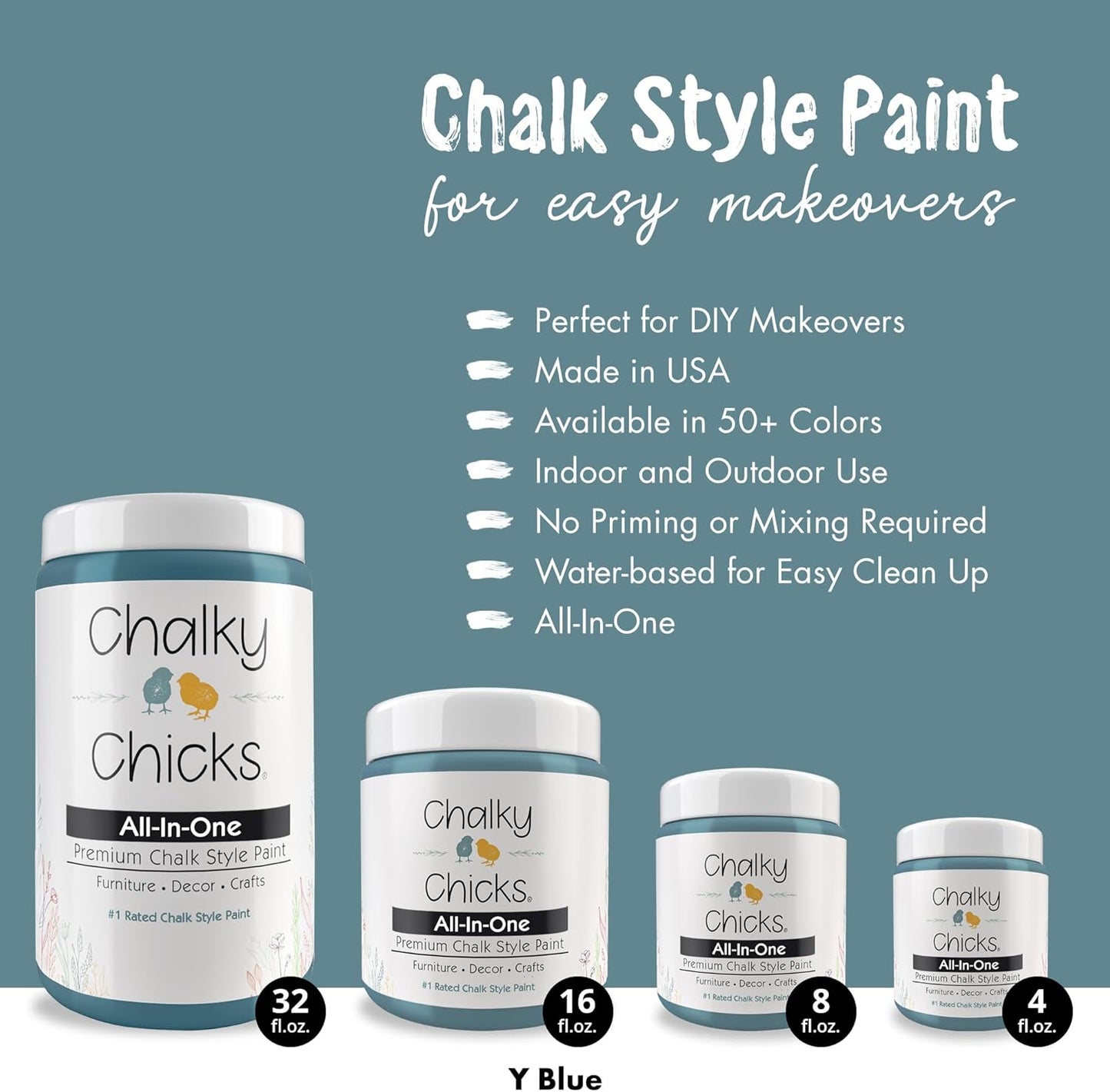 Chalky Chicks All-in-One Chalk Paint for Furniture or Cabinet - 4 Fl Oz - Matte Finish Y Blue (Medium Blue) for Metal, Wood Furniture Paint - No Sanding All-in-One for Home Decor & Crafts, USA Made