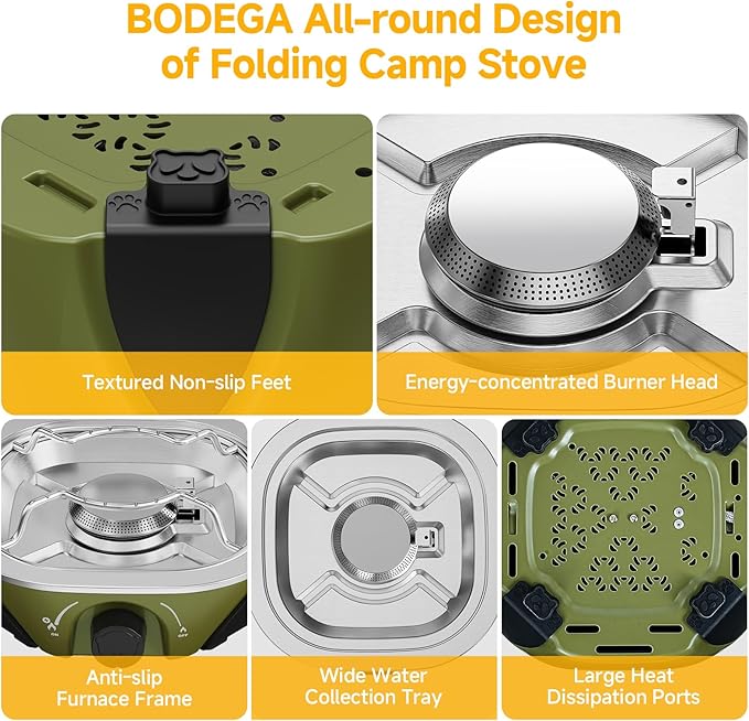 BODEGA 2 Burner Camping Stove, 20000 BTU Folding Propane Camp Stove with Adjustable Burners,Portable Dual Gas Stoves with Carry Handle&Bag Frying Pan for Camping,BBQ,RV,Home,Camping Essentials Gear