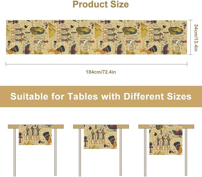 Ancient Egypt Table Runner, Egyptian Symbols Vintage Gold Pharaoh Pyramid Design Table Runner for Kitchen Family Dining Holiday Party 13x120in