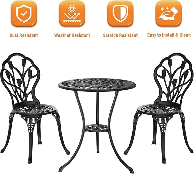 Outdoor Bistro Table and Chairs Set of 2, 3 Piece Patio Bistro Set w/Umbrella Hole, Rust-Resistant Cast Aluminum Bistro Set for Garden/Balcony/Backyard, Black