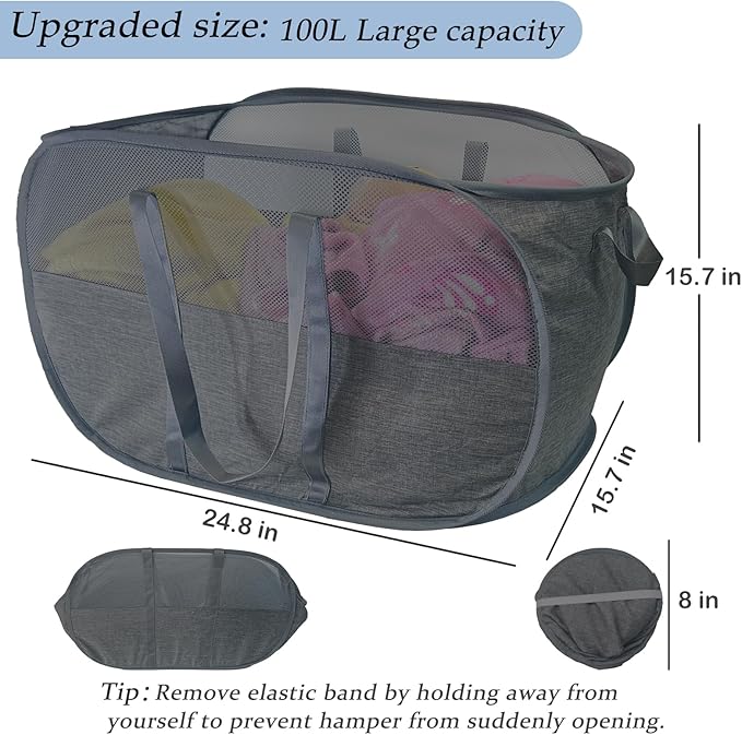 Upgraded 100L Collapsible Laundry Basket, Extra Large Mesh Pop Up Laundry Hamper, Dirty Clothes Hamper with long Handles, Pop-up Hampers for Laundry Travel. Dorm or Home Portable Laundry Basket. Black