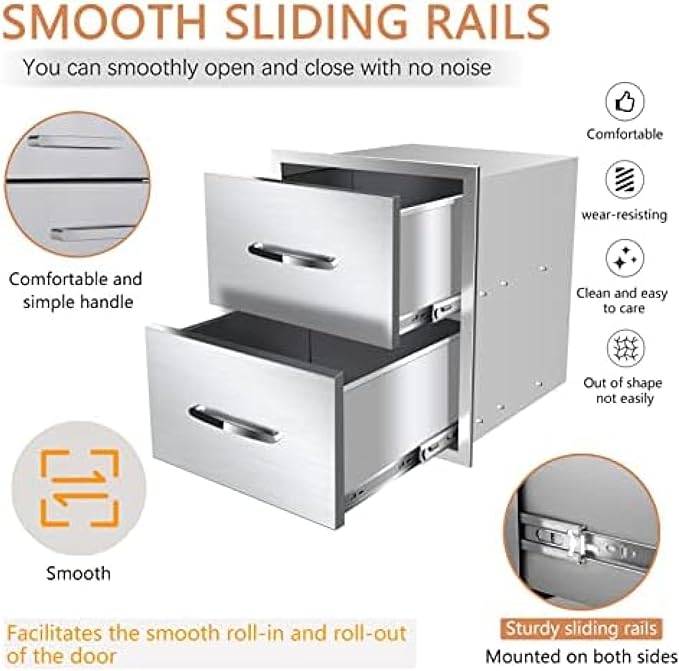 BBQ Outdoor Kitchen Drawers Stainless Steel 3-Drawer Enclosed Built-in Flush Mount for Outdoor Kitchens & Islands, 14Wx23Dx15H