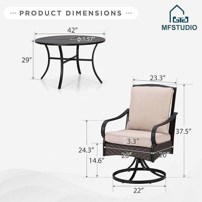 MFSTUDIO Patio Dining Sets with Swivel Chairs, Round Patio Table and Chairs, 5 Pieces Outdoor Furniture Set for 4, All Weather 42’’ Dining Metal Table for 4 & Brown Wicker Chair