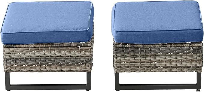 HUMMUH Outdoor Ottomans for Patio Set of 2 PE Wicker Outdoor Footstool with Removable Weather-Resistant Cushions for Patio, Backyard