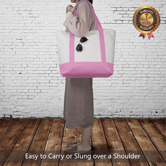 TOPDesign 3-Pack Canvas Tote Bags with an External Pocket, Reusable Grocery Shopping Bags, Top Zipper Closure, Daily Essentials (Pink/Natural)