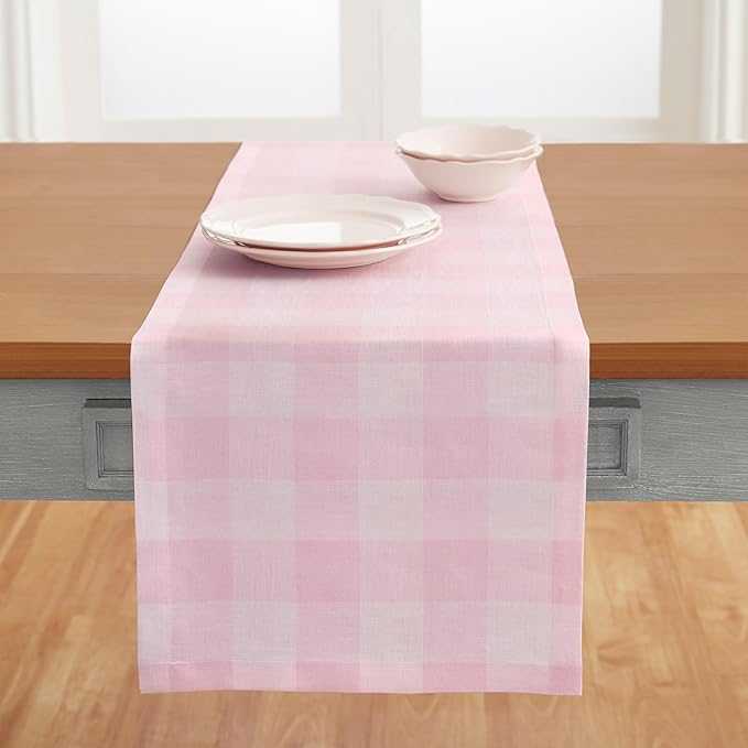 Solino Home Linen Checkered Table Runner 132 Inches Long - 100% Pure Linen Marshmellow Pink Buffalo Check Table Runner 14 x 132 Inch Ideal for Dining, Valentines, Spring, Easter