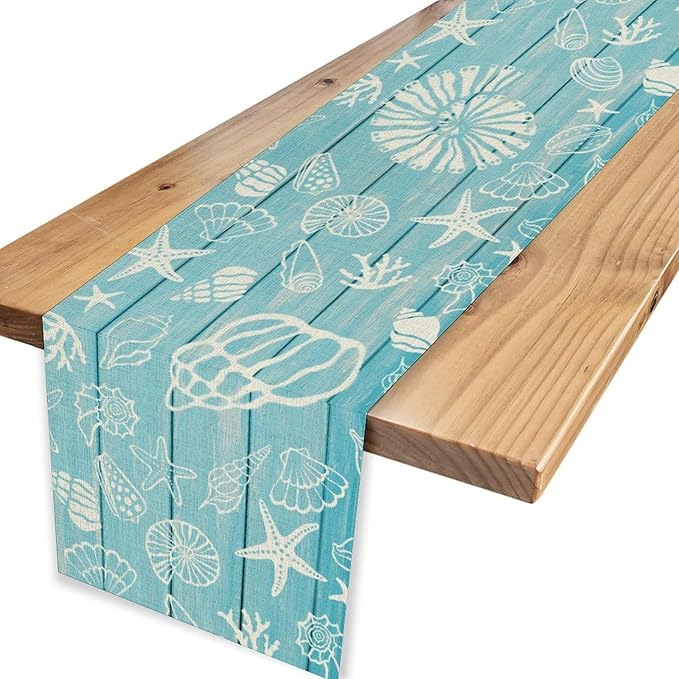 Beach Starfish Table Runner, Blue Wooden Nautical Coastal Ocean Seashell Teal Print Summer Vintage Coffee Table Center Decor for Family Holiday Party Kitchen Farmhouse Table Decorations, 13" X 36"