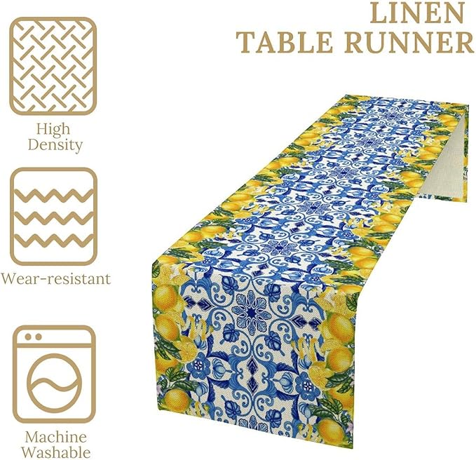 Blue Lemon Table Runner, Italy Tile Yellow Lemon Fruit Table Runners for Farmhouse Coffee Home Kitchen Dining Party Patio Indoor Outdoor 13x36in