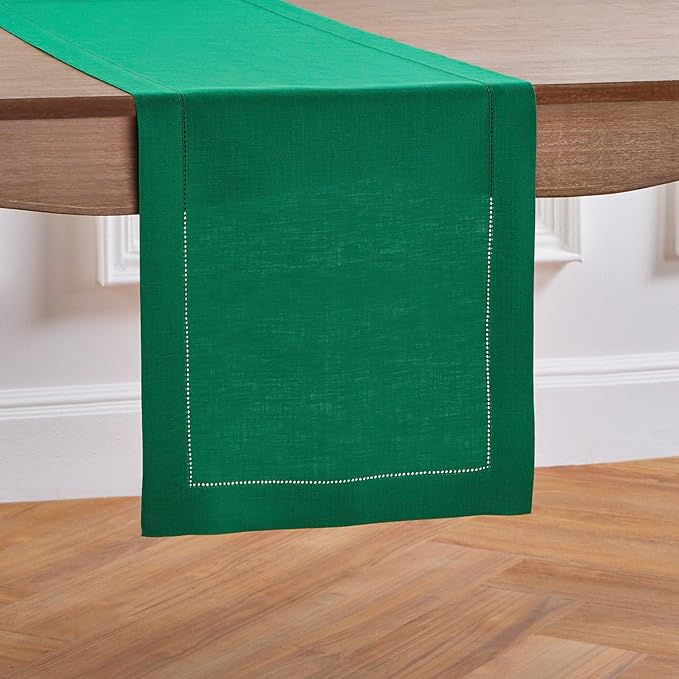 Solino Home Linen Emerald Green Hemstitch Table Runner 48 Inches - 100% Pure Linen Small Table Runner 14 x 48 Inch Ideal for Dresser and Coffee Tables - Classic Hemstitch - St Patricks Day