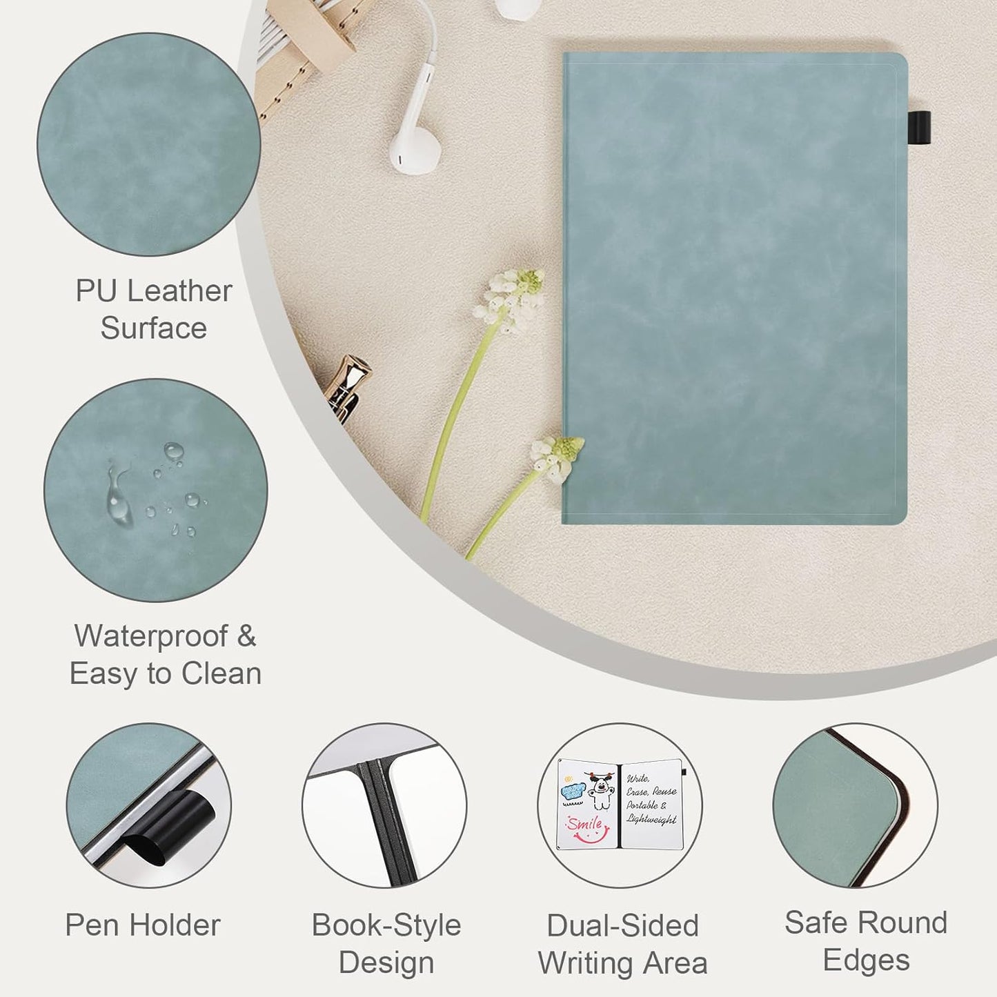 AGM Portable White Board Dry Erase Notebook, 12" x 9" Double Sided Folding Whiteboards with 3 Pens, Small Travel Dry Erase Board Skin-friendly Material for Study, Meeting, Planning, Ocean Blue