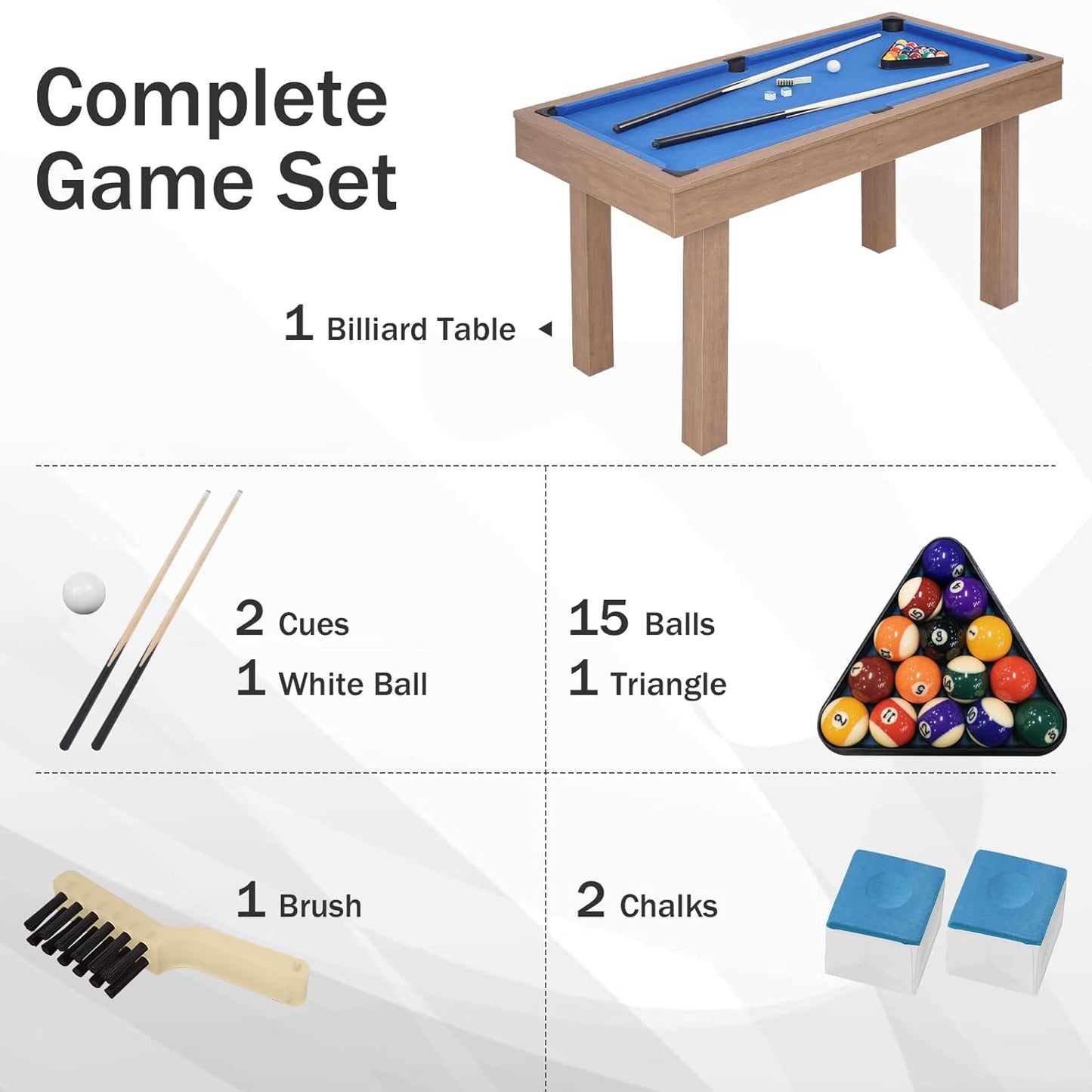 54" Portable Pool Table - Billiard Table for Kids & Adults with 2 Cues, Triangle Rack, Chalk & Brush - Compact Wooden Game Table for Home, Game Room, Indoor & Outdoor