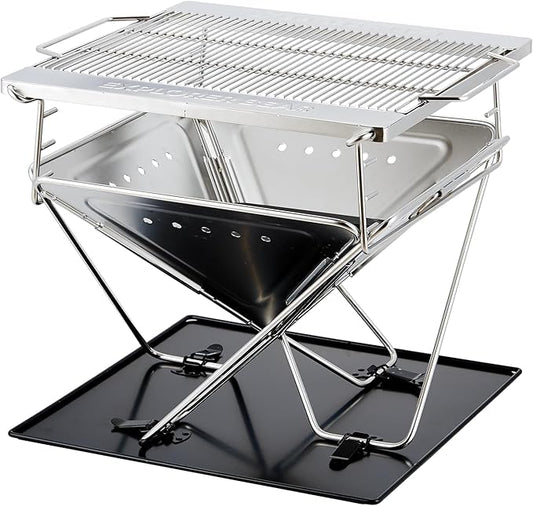 Explorer Bear 20" Stainless Steel Foldable Takibi Fire & Grill with Carrying Bag, Bridge, and Coal Bed | Portable Wood Burning Grill and Fire Pit | Perfect for Camping, Outdoors, Patios