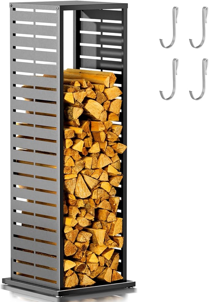 4ft Firewood Rack Outdoor, Fire Wood Holder Log Storage Rack with Parallel Louver Pattern Hooks Adjustable Feet, Firewood Stacker for Indoor Patio Balcony Black