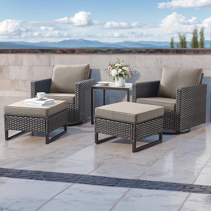 HUMMUH Outdoor Ottomans for Patio Set of 2 PE Wicker Outdoor Footstool with Removable Weather-Resistant Cushions for Patio, Backyard