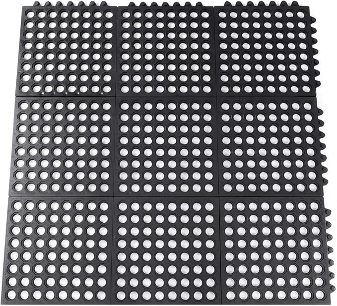 Interlocking Rubber Mats for Floor Anti Fatigue Kitchen Mats 9 Pack 11.8" x 11.8" Modular Rubber Interlocking Floor Tiles, Pool Balcony Patio Yard Pet Area Use Restaurant Rubber Bar Floor Mat Black