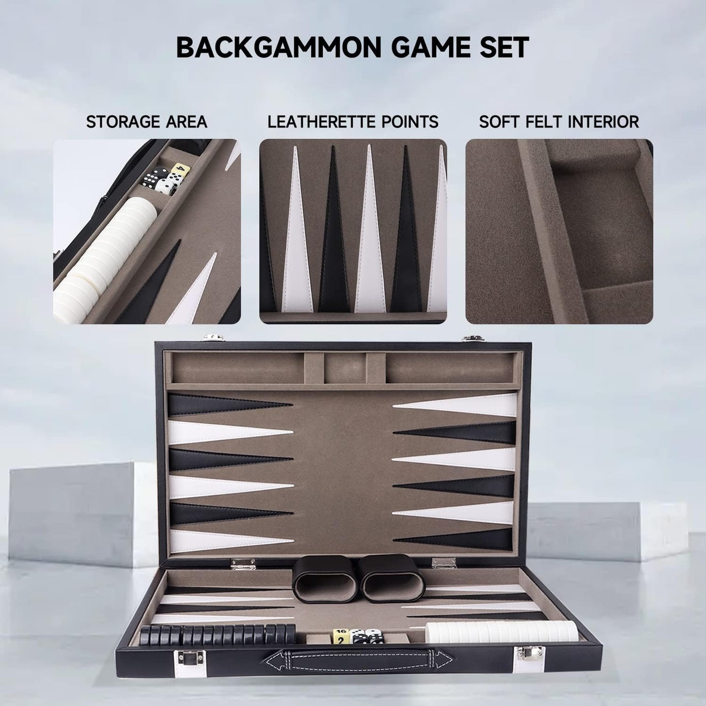 GSE Games & Sports Expert Premium Leather Backgammon Board Game Set, Classic Backgammon Game Set with Leather Case, Travel Folding Board Game (Black&Grey, Large)