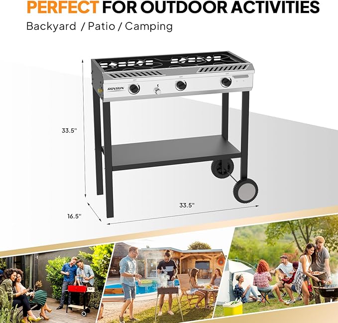 ROVSUN 3 Burner Propane Stove with Auto Ignition, 225,000 BTU Gas Stove with Storage Shelf, Rolling Wheels & Regulator for Home Outdoor Backyard Camping Cooking Frying Brewing Canning