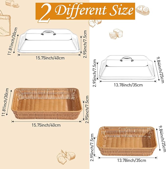 2 Set Wicker Bread Basket for Serving with Acrylic Lid Imitation Rattan Bread Basket Woven Rectangular with Cover for Fruit Food Display Party Easter Picnic(15.75" X 11.81", 13.78" X 9.84")