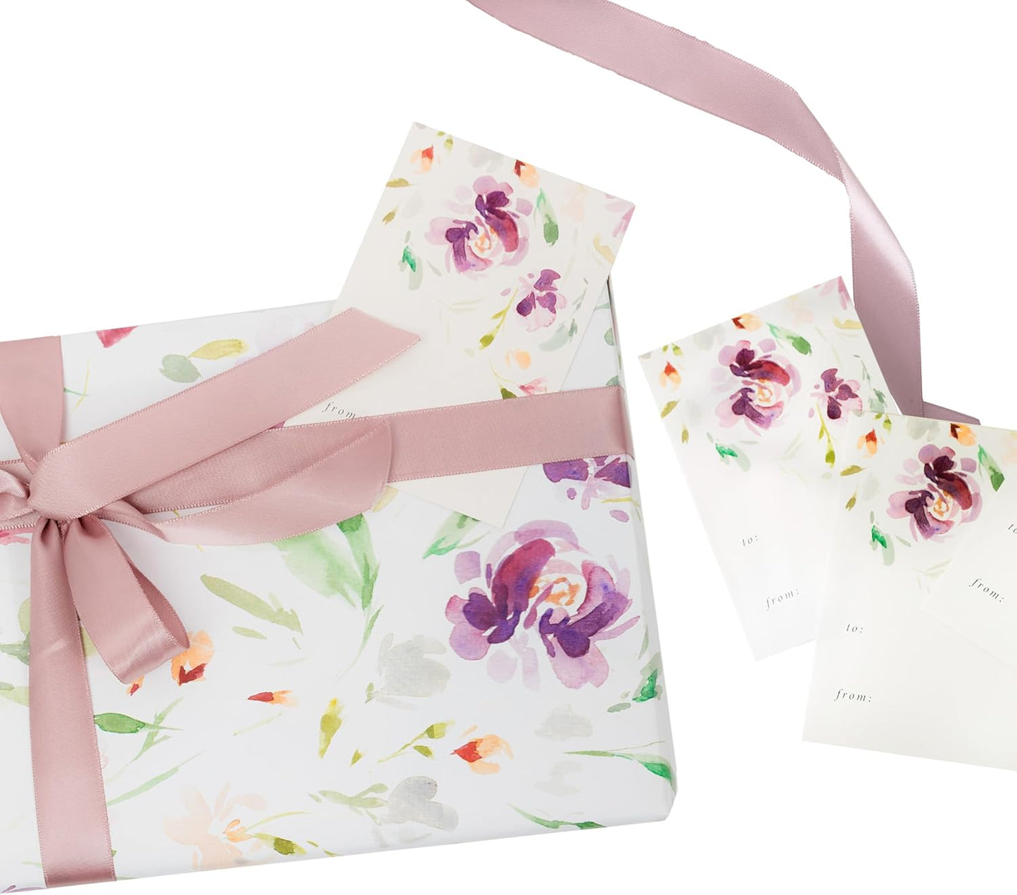 Itsy Belle Studio Floral Wedding Wrapping Paper + Ribbon Set with Tags - White gift wrap, fall Flower flat Sheets, Boho Bridal Shower Wrap