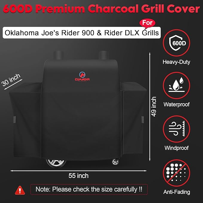 Grill Cover for Oklahoma Joe's Rider 900 & Rider DLX Grill - 600D Premium BBQ Cover Waterproof and Heavy Duty for Oklahoma Joe's Charcoal Offset Smoker, 55" L x 30" W x 49" H