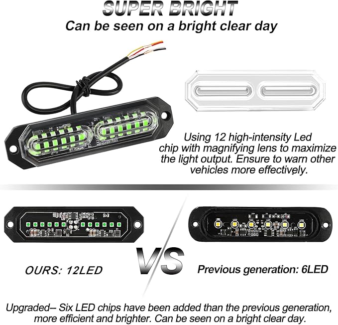 ASPL 8pcs Sync Feature Ultra Slim 12-LED Surface Mount Flashing Strobe Lights for Truck Car Vehicle LED Mini Grille Light Head Emergency Beacon Hazard Warning Lights (Green)