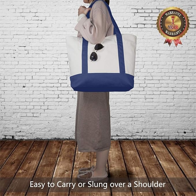 TOPDesign 30-Pack Canvas Tote Bags with an External Pocket, Reusable Grocery Shopping Bags, Top Zipper Closure, Daily Essentials (Blue/Natural)