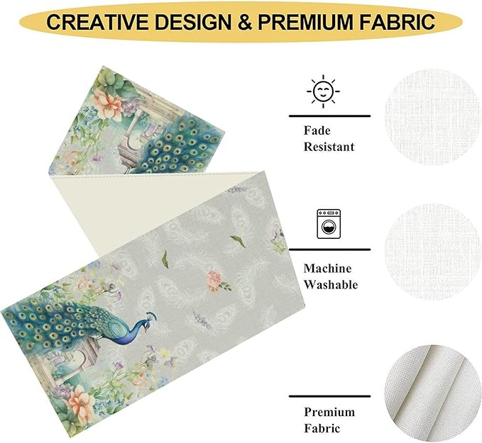 Peacock Table Runner,Watercolor Traditional Chinese Style Peacock Floral Garden Traditionla Chinese Style Table Center Decor for Home Dining Kitchen Patio Party Indoor Table Decorations, 13"x36"
