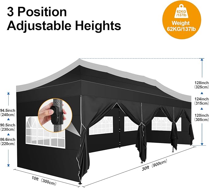 COBIZI 10x30 Pop up Canopy Tent 10x30 Canopy with Sidewall Waterproof Heavy Duty Commercial for Parties Outdoor Garden Gazebo Tent, Carry Bag with Wheel(10x30ft with Sidewalls,Black)