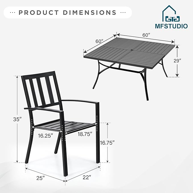 MFSTUDIO Outdoor Dining Set for 8, Patio Dining Set with Square Table, 9 Piece Patio Table and Chairs Set, Metal Outdoor Patio Furniture Set for Deck Backyard Poolside Garden