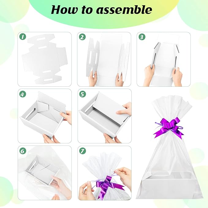 Fainne 74 Pcs Baskets for Gifts Empty Bulk DIY Empty Gift Basket Include 20 Kraft Cardboard Tray with Handles 30 Bags 24 Bows for Christmas Thanksgiving Birthdays Snacks Party, 8" x 6" x 3"(White)