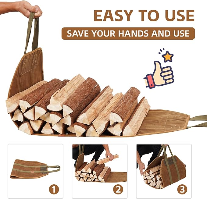 1MORE Firewood Carrier - Wood Carrier for Firewood,Log Carrier for Firewood Tote Bag, 40"X19" Canvas Firewood Carrier, Water Resistant Log Tote Wood Carrying Bag With Handles,Fireplace Tools.Rust