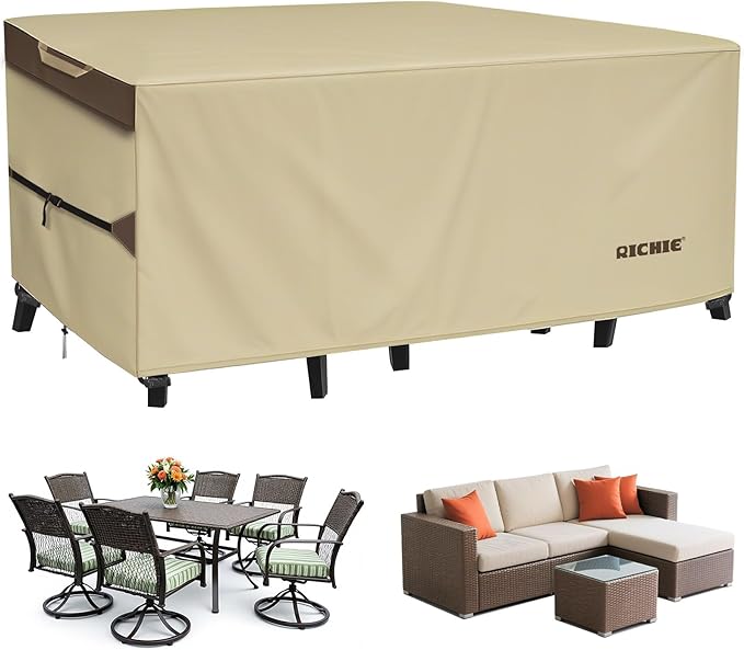 Outdoor Patio Furniture Cover - Heavy Duty Waterproof 600D Tough Canvas Protector for Rectangular Table Cover, All-Season Dining Table and Chair Covers (72L x 44W x 28H Inch)