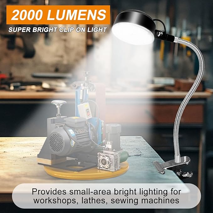 Clamp Light, LED Work Light with Flexible & Strong Clip for Workshop, Sewing, Lathe, Bandsaw, Workbench, Desk, Bright Small Area Task Lighting, 2000 Lumens, Silver