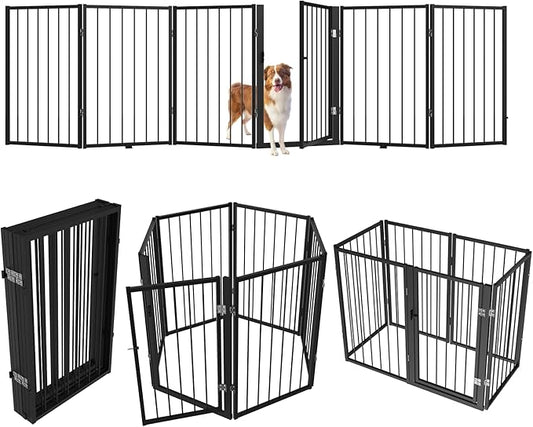 Metal Freestanding Dog Gate, Foldable Extra Wide 118", 32" Tall Large Opening Pet Gate for Indoor & Outdoor, Portable Dog Fence for Stairs, Doorways (Black, 6 Panels)