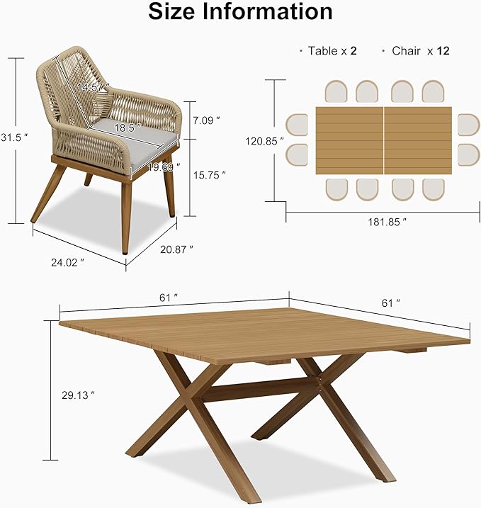 PURPLE LEAF Outdoor Dining Set All-Weather PE Rattan Outdoor Patio Furniture Set with All Aluminum Frame Square Table and Chairs 14 Pieces Set for Lawn Garden Backyard Deck, Teak