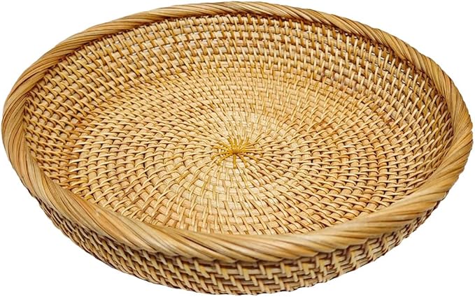 RT&BS Round Rattan Tray, Natural Rattan Decorative Tray, Christmas Food Tray, Handwoven Serving Baskets for Breakfast, Drinks, Snacks (M, Ø8.7 * 1.6'')