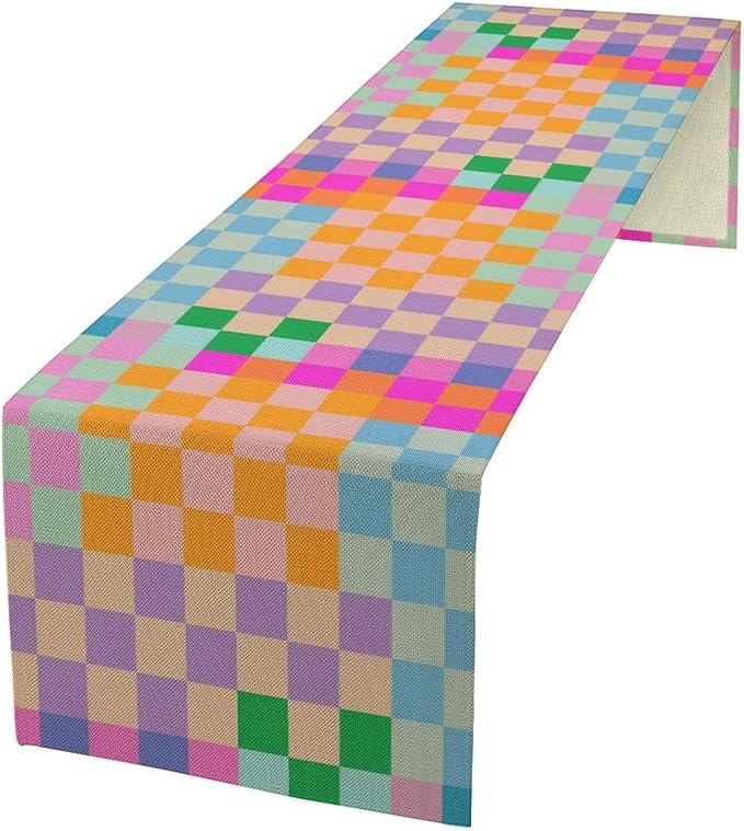 Retro Checkered Table Runner, Bright Rainbow Colorful Modern Groovy Aesthetic Table Runner for Dining Kitchen Party Home Wedding Banquet 13x120in