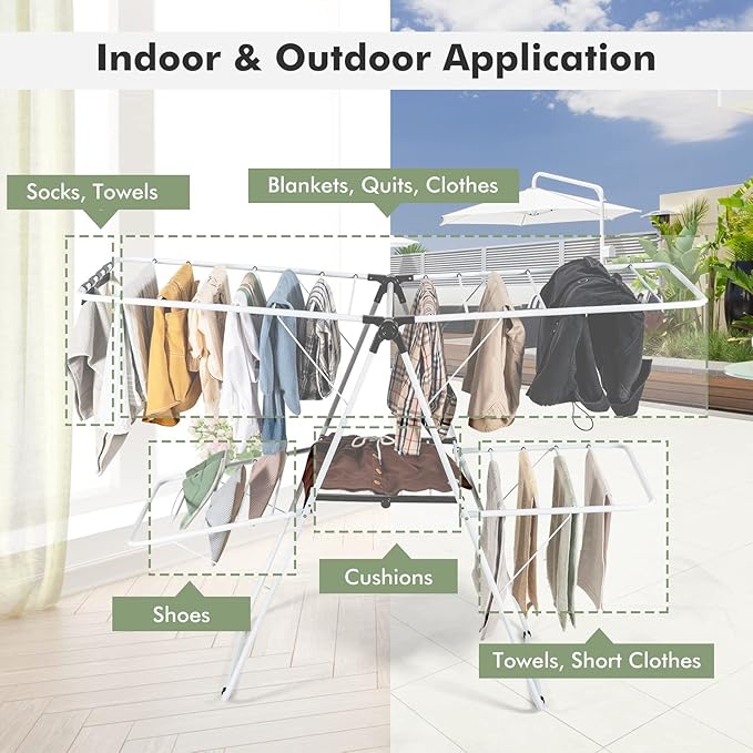 GOFLAME 2-Tier Clothes Drying Rack, Folding Laundry Dry Rack with Adjustable Supporting Bar, 26 Premium Clips, Space-Saving & Collapsible Laundry Hanger for Easy Storage, No Assembly Needed