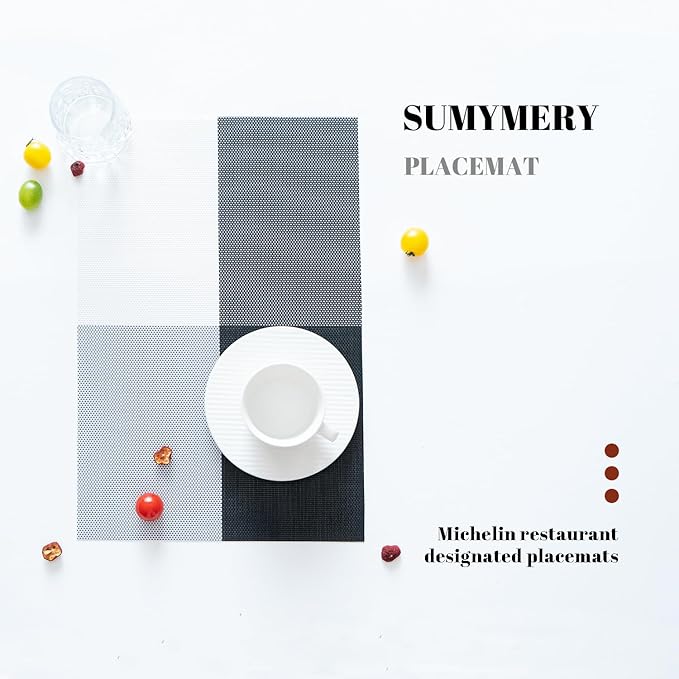 Placemats Set of 6 Vinyl/Plastic Woven Place Mats for Kitchen Table Indoor/Outdoor Washable Placemat Wipeable Dining Table Mats (Grey Grid,6)
