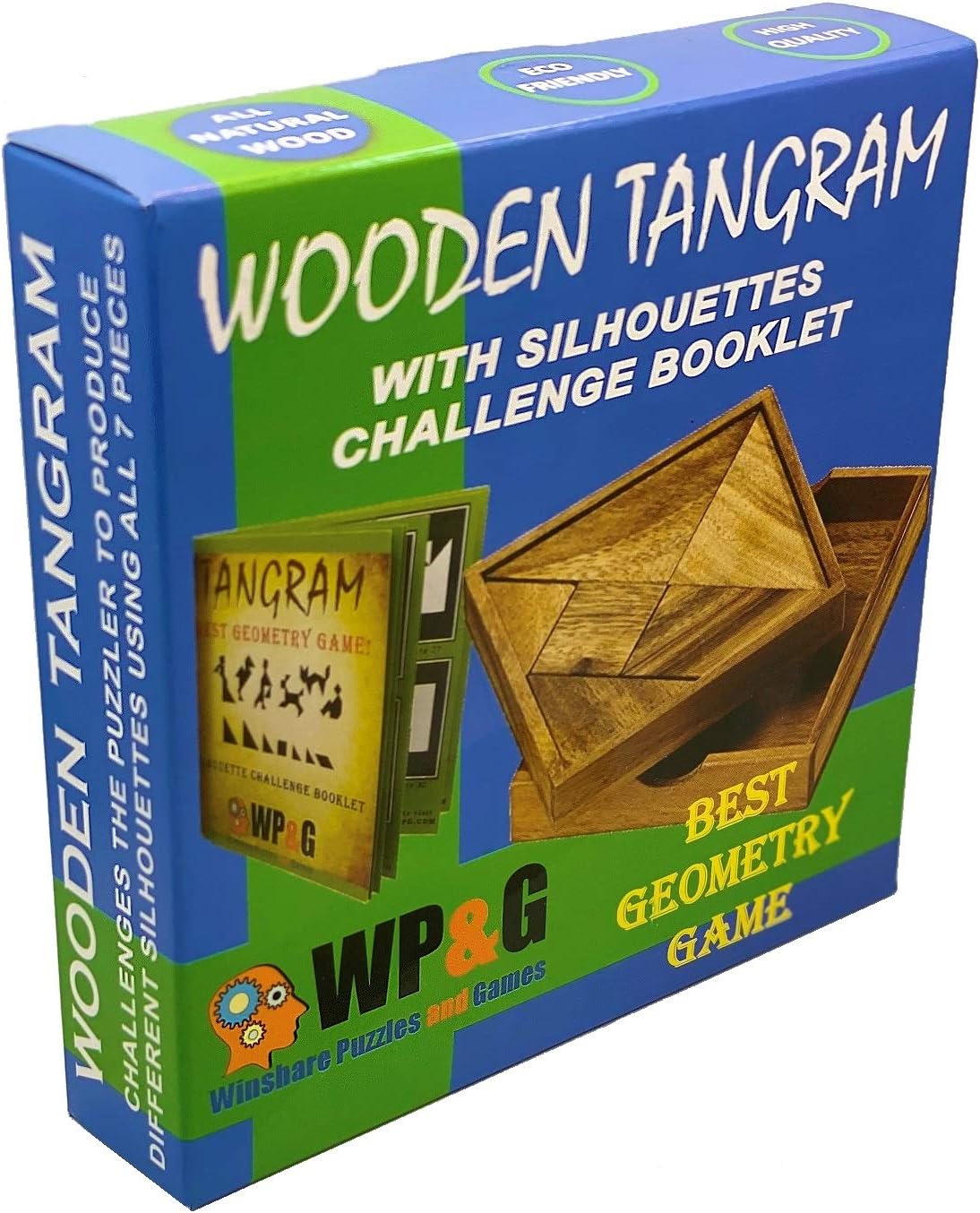 Tangram Wooden Puzzle Geometry Game, with 48 Silhouette Tangrams Challenge Booklet