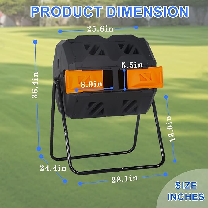 FDW Outdoor Compost Bin,43 Gallon Dual Chamber Tumbling Composting Bin with Sliding Doors Compost Tumbler for Garden Patio Kitchen Yard,Orange Door