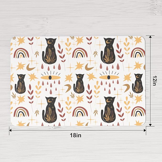 QIYI Placemats Set of 6, 12x18 Inch Faux Leather Place Mats for Kitchen Dinning, Heat Resistant Anti Slip Folk Table Mats, Waterproof Wipeable Washable Placemat Party Table Décor, Boho Black Cats