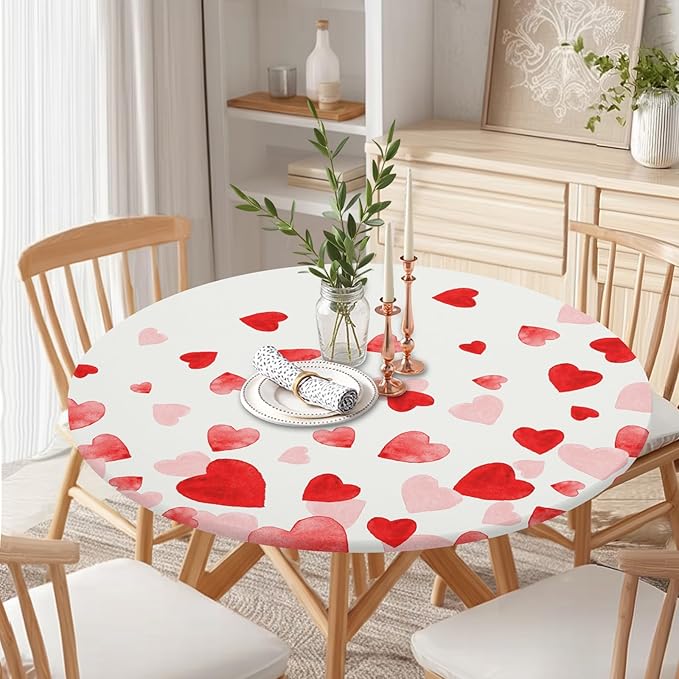 Valentines Day Round Fitted Tablecloth with Elastic Pink Red Love Heart Circle Table Cloth for 36-40" Round Tables Wipeable Waterproof Washable Valentine Table Cover for Picnic Dining Party Decor