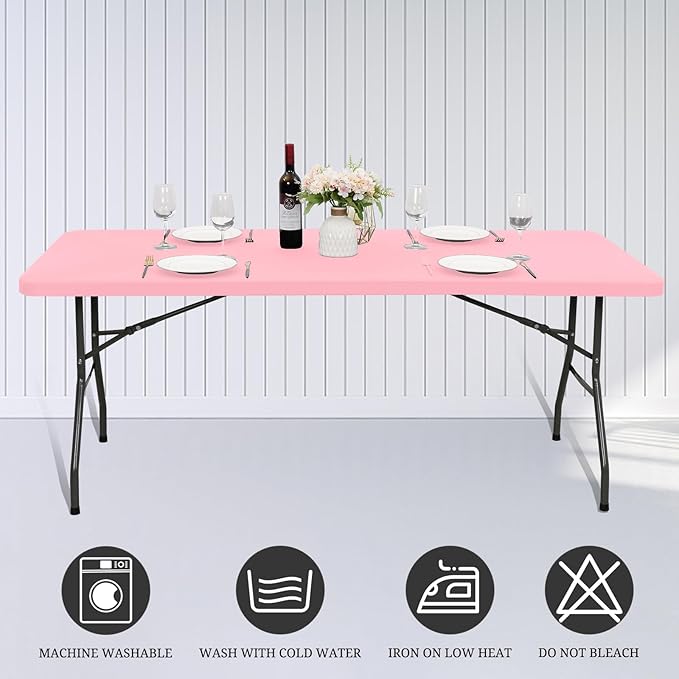 10 Pack Fitted Tablecloth for 6 Foot Rectangle Tables, Pink Elastic Outdoor Picnic Table Cover, Washable Stretch Folding Table Cloths 6 ft for Camping Party Patio Kitchen Banquet, 30" W x 72" L