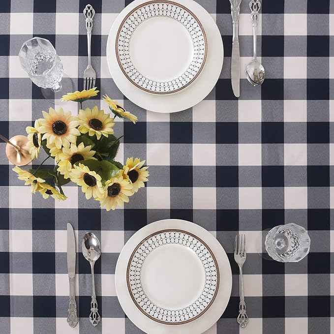 Cupuamon 2 Pack Waterproof Polyester Fabic Rectangle Checkered Tablecloth，60x84 Outdoor Table Cloth，Oil Stain Prevention Table Cloth for Pinics and Parties（Navy and White）