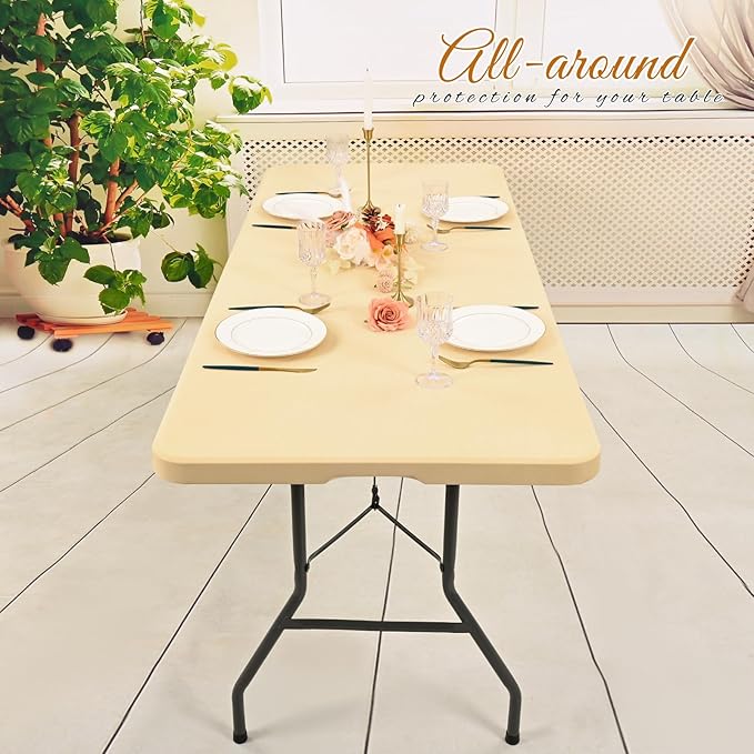 10 Pack Stretch Fabric Table Top Cap Cover, Beige Table Covers fits 8Ft Tables, Washable Elastic Universal Rectangle Tablecloth Protector for Indoor Outdoor Party Picnic Wedding (30" W x 96" L)