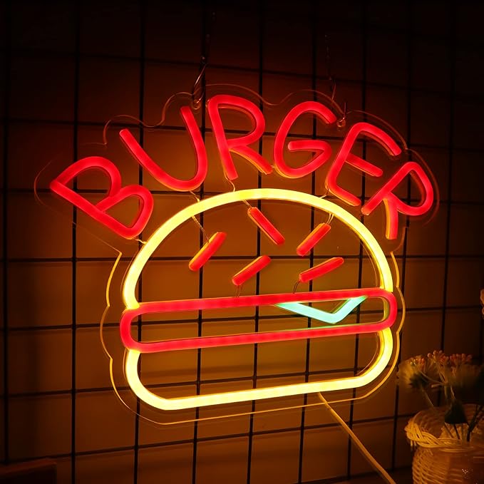 JFLLamp BURGER Neon Signs for Wall Decor Neon Lights for Bedroom Led Business Signs Suitable for Hamburger Restaurant Office Man Cave Beer Bar Pub 5V Power Adapter, 14.1 * 10 Inch(Red+ Warm White)