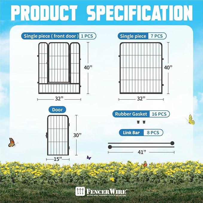 Fencer Wire Decorative Wire Fence, Panel Decor, Heavy Duty Iron Landscape Patio Flower Bed Animal Barrier Border Edging Section, Foldable Garden Fence for Yard for Dog Outdoor, 40 Inch x 21 FT