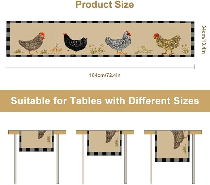 Farmhouse Roosters Chickens Table Runners, Black White Buffalo Plaid Vintage Rustic Animal Table Runner for Wedding Coffee Dining Table Party Home 13x36in